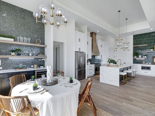Dining room, Interior, Kitchen, Pendant Lights, Recessed Lighting, Stainless Steel Appliances, Wood Texture Flooring