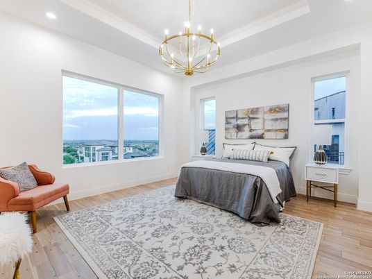 Bedroom, Interior, Pendant Lights, Recessed Lighting, Wood Texture Flooring