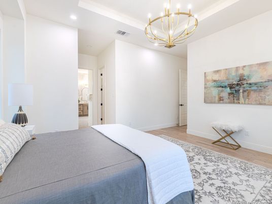 Bedroom, Interior, Pendant Lights, Recessed Lighting, Wood Texture Flooring