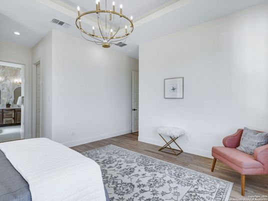 Bedroom, Chandelier, Interior, Pendant Lights, Recessed Lighting, Wood Texture Flooring