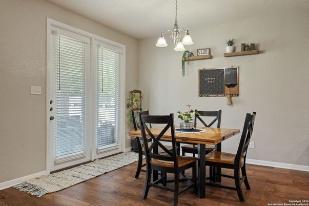 Dining room, Interior, Pendant Lights, Wood Texture Flooring