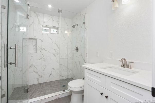 Bathroom, Glass Shower, Interior, Marble Walls, Recessed Lighting