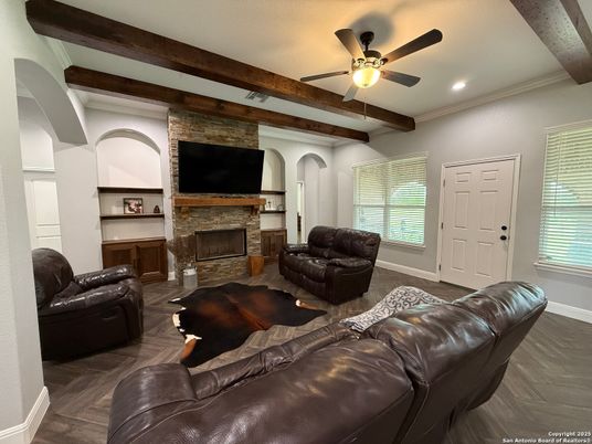 Fireplace, Interior, Living room, Recessed Lighting, Stone Walls, Wooden Beams, Wood Texture Flooring