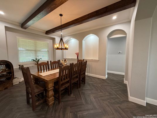 Chandelier, Dining room, Interior, Recessed Lighting, Wooden Beams, Wood Texture Flooring