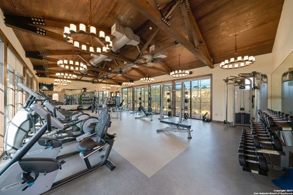 Chandelier, Fitness Equipment, Gym, Interior, Pendant Lights, Wooden Beams, Wooden Ceilings