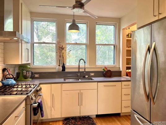 Interior, Kitchen, Pendant Lights, Stainless Steel Appliances, Wood Texture Flooring