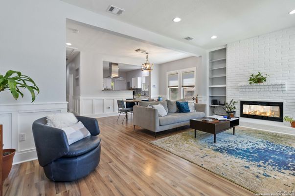 Dining room, Fireplace, Interior, Kitchen, Living room, Pendant Lights, Recessed Lighting, Stone Walls, Wood Texture Flooring