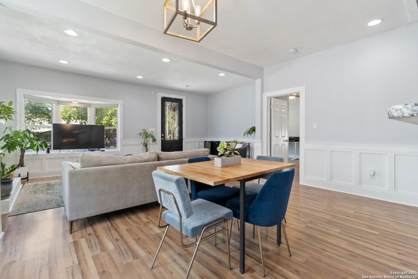 Dining room, Interior, Living room, Recessed Lighting, Wood Texture Flooring