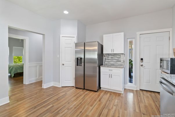 Interior, Kitchen, Recessed Lighting, Stainless Steel Appliances, Wood Texture Flooring