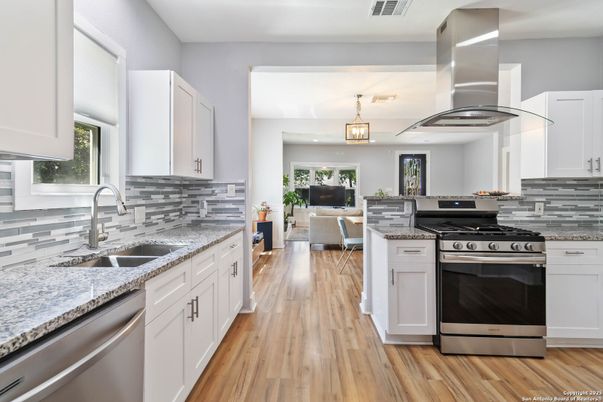 Interior, Kitchen, Living room, Pendant Lights, Stainless Steel Appliances, Wood Texture Flooring