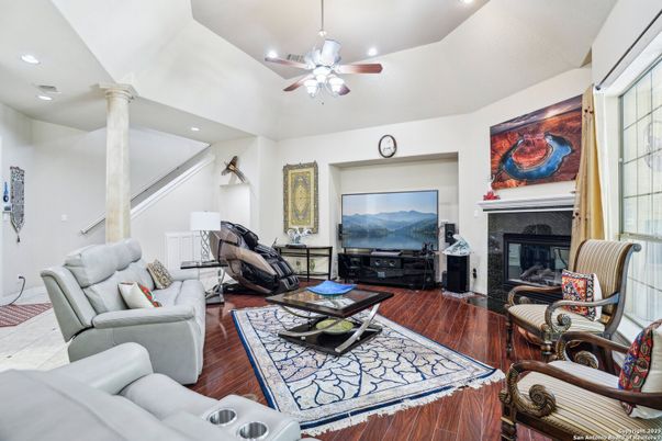 Fireplace, Interior, Living room, Recessed Lighting, Wood Texture Flooring