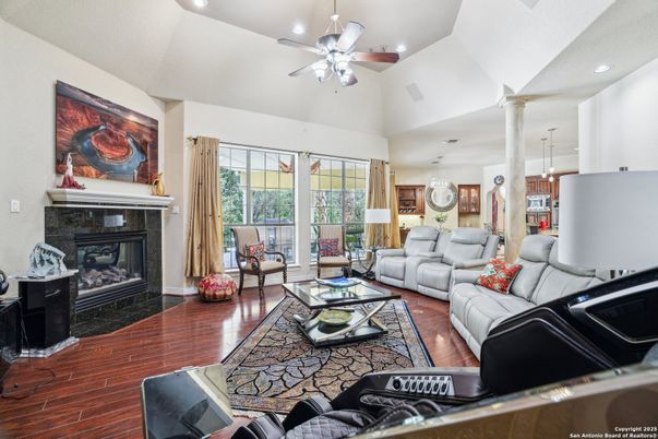 Fireplace, Interior, Living room, Pendant Lights, Recessed Lighting, Wood Texture Flooring