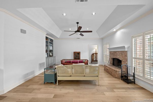 Fireplace, Interior, Living room, Recessed Lighting, Wood Texture Flooring
