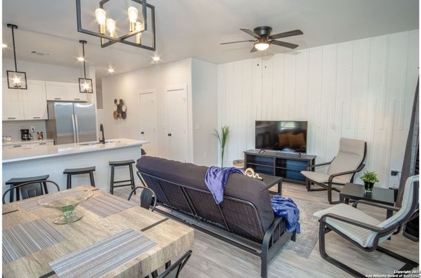 Interior, Kitchen, Living room, Pendant Lights, Stainless Steel Appliances, Wood Texture Flooring
