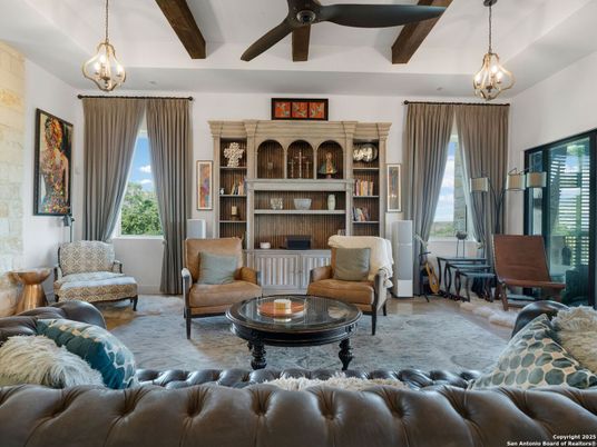 Interior, Living room, Pendant Lights, Stone Walls, Wooden Beams
