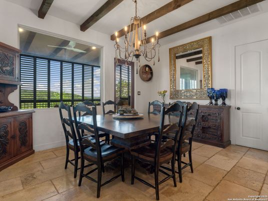 Chandelier, Dining room, Interior, Wooden Beams