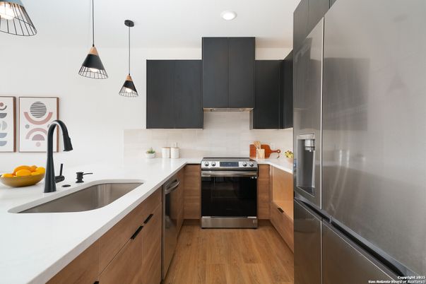 Interior, Kitchen, Pendant Lights, Recessed Lighting, Stainless Steel Appliances, Wood Texture Flooring