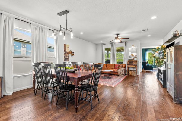 Dining room, Interior, Living room, Pendant Lights, Recessed Lighting, Wood Texture Flooring