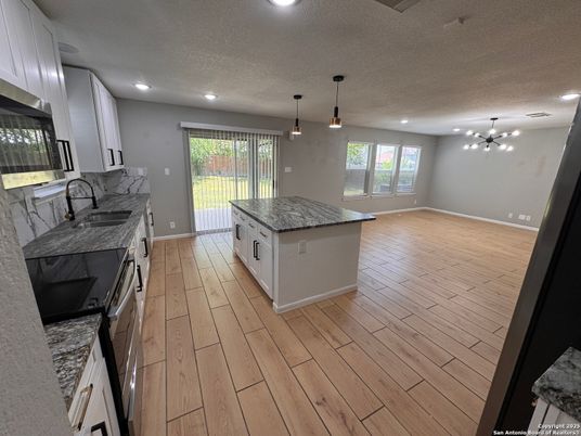 Interior, Kitchen, Pendant Lights, Recessed Lighting, Wood Texture Flooring