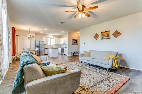 Interior, Kitchen, Living room, Pendant Lights, Recessed Lighting, Stainless Steel Appliances, Wood Texture Flooring