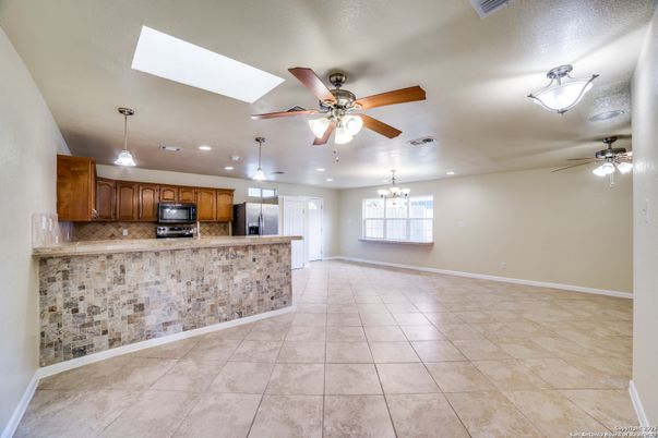 Chandelier, Empty room, Interior, Kitchen, Pendant Lights, Recessed Lighting, Stainless Steel Appliances