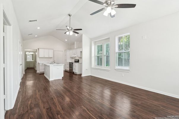Empty room, Interior, Kitchen, Recessed Lighting, Wood Texture Flooring