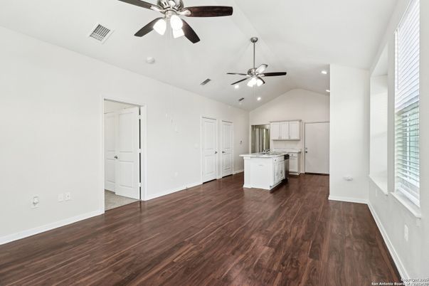 Empty room, Interior, Kitchen, Recessed Lighting, Wood Texture Flooring