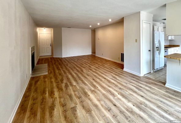 Empty room, Interior, Kitchen, Recessed Lighting, Wood Texture Flooring