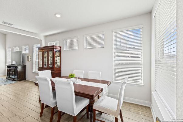 Dining room, Interior, Recessed Lighting, Wood Texture Flooring