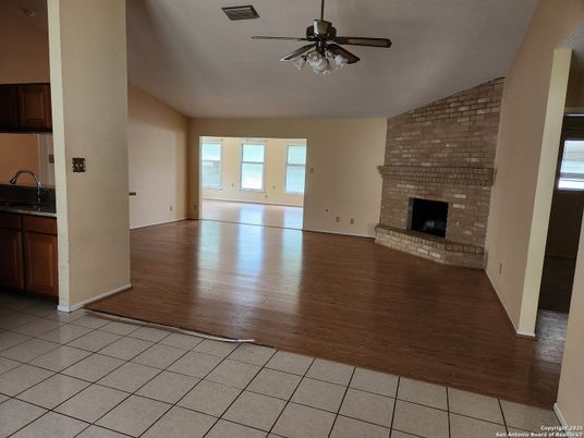 Empty room, Fireplace, Interior, Stone Walls, Wood Texture Flooring