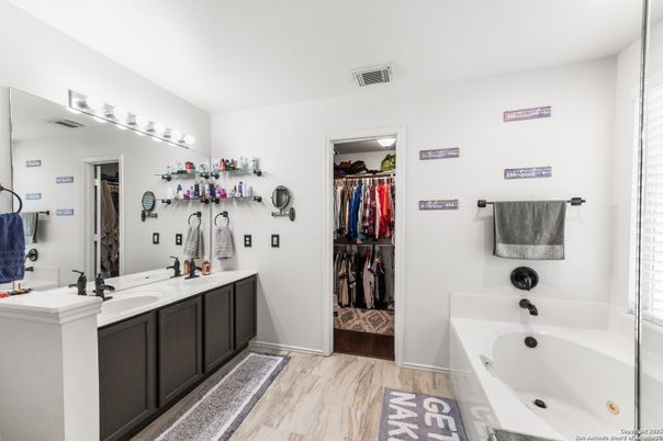 Bathroom, Dual Sink Vanities, Interior, Walk-in Closets, Wood Texture Flooring