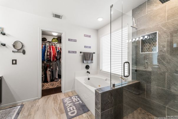 Bathroom, Glass Shower, Interior, Marble, Recessed Lighting, Walk-in Closets, Wood Texture Flooring