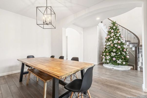 Dining room, Interior, Pendant Lights, Recessed Lighting, Wood Texture Flooring