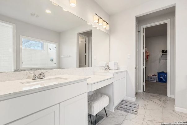 Bathroom, Dual Sink Vanities, Interior, Marble, Recessed Lighting