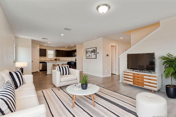 Interior, Kitchen, Living room, Recessed Lighting, Wood Texture Flooring