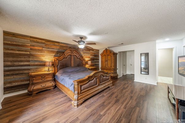 Bedroom, Interior, Recessed Lighting, Wood Texture Flooring, Wooden Walls