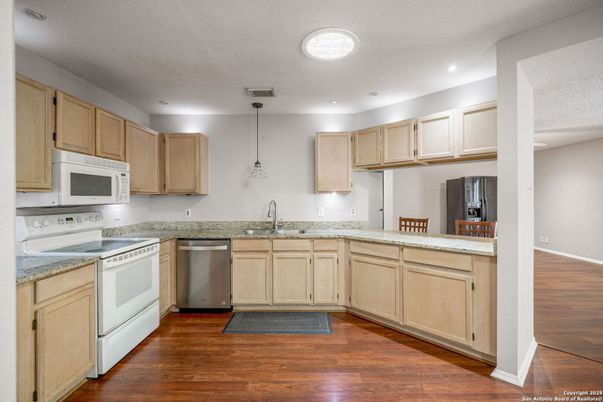 Interior, Kitchen, Pendant Lights, Recessed Lighting, Wood Texture Flooring