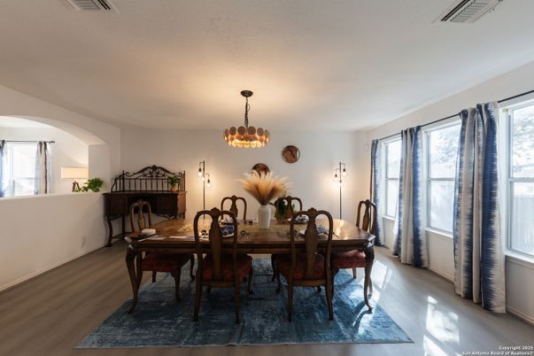 Chandelier, Dining room, Interior, Wood Texture Flooring
