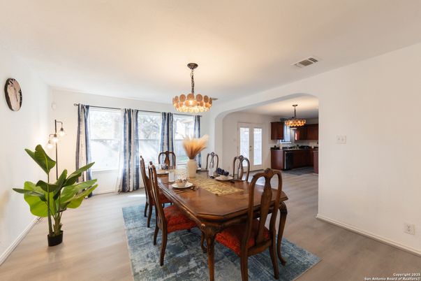 Chandelier, Dining room, Interior, Wood Texture Flooring