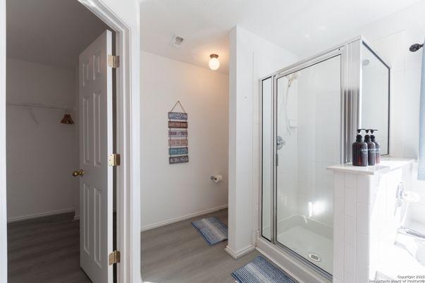 Bathroom, Glass Shower, Interior, Wood Texture Flooring