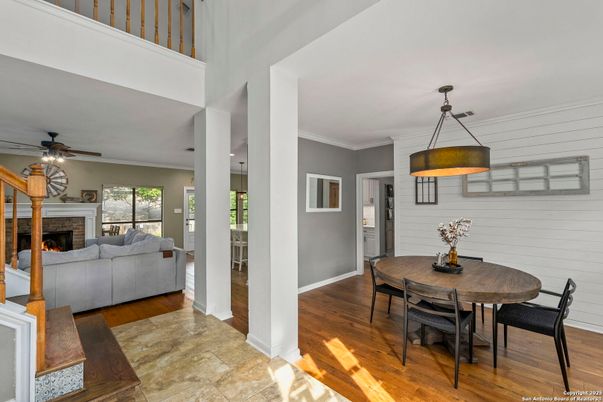 Dining room, Fireplace, Interior, Living room, Pendant Lights, Wood Texture Flooring