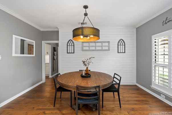 Dining room, Interior, Pendant Lights, Wood Texture Flooring