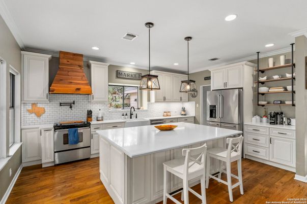 Interior, Kitchen, Pendant Lights, Recessed Lighting, Stainless Steel Appliances, Wood Texture Flooring
