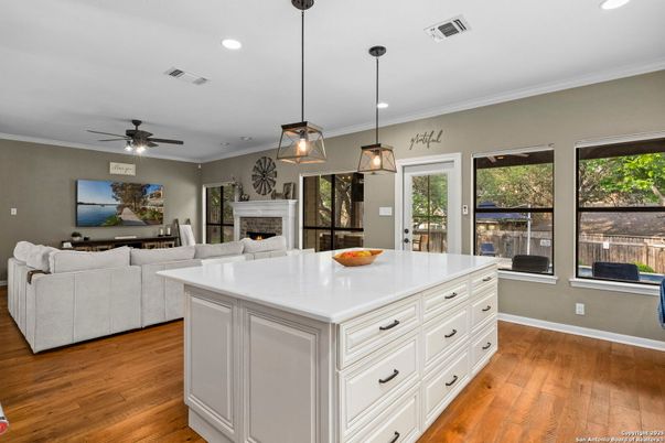 Fireplace, Interior, Kitchen, Living room, Pendant Lights, Recessed Lighting, Wood Texture Flooring