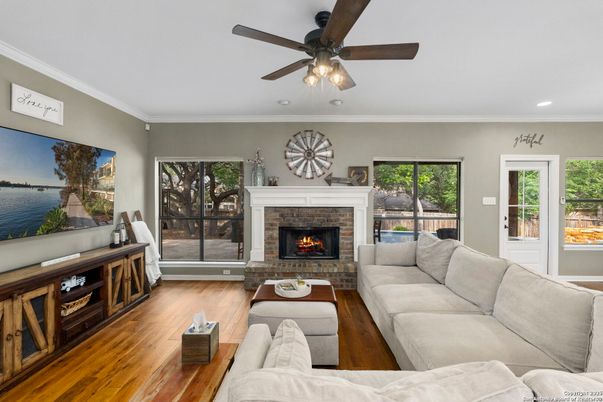 Fireplace, Interior, Living room, Recessed Lighting, Wood Texture Flooring