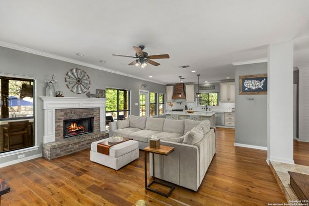 Fireplace, Interior, Kitchen, Living room, Pendant Lights, Recessed Lighting, Wood Texture Flooring