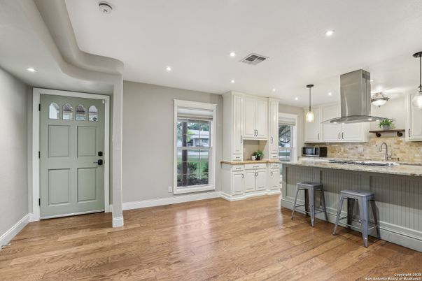 Interior, Kitchen, Pendant Lights, Recessed Lighting, Wood Texture Flooring
