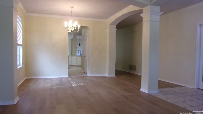 Chandelier, Empty room, Interior, Pendant Lights, Wood Texture Flooring