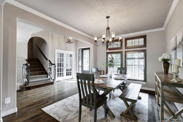 Chandelier, Dining room, Interior, Wood Texture Flooring
