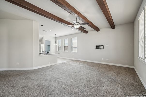 Empty room, Interior, Pendant Lights, Recessed Lighting, Wooden Beams